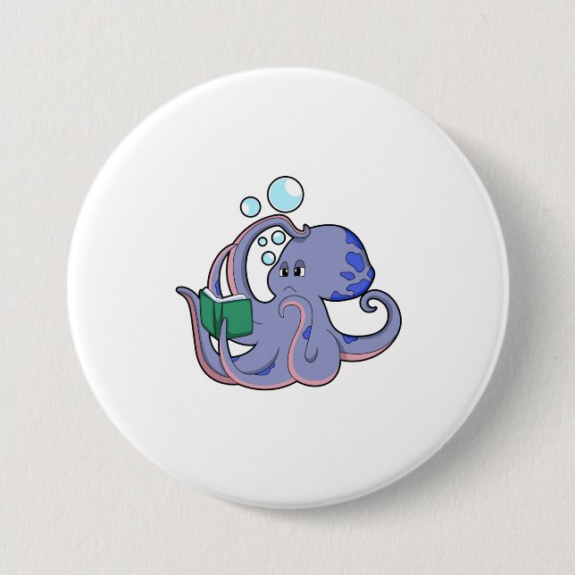Badge Rond 7,6 Cm Octopus à la lecture avec livre (Devant)