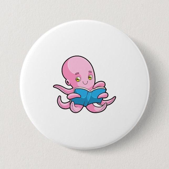 Badge Rond 7,6 Cm Octopus à la lecture d'un livre (Devant)
