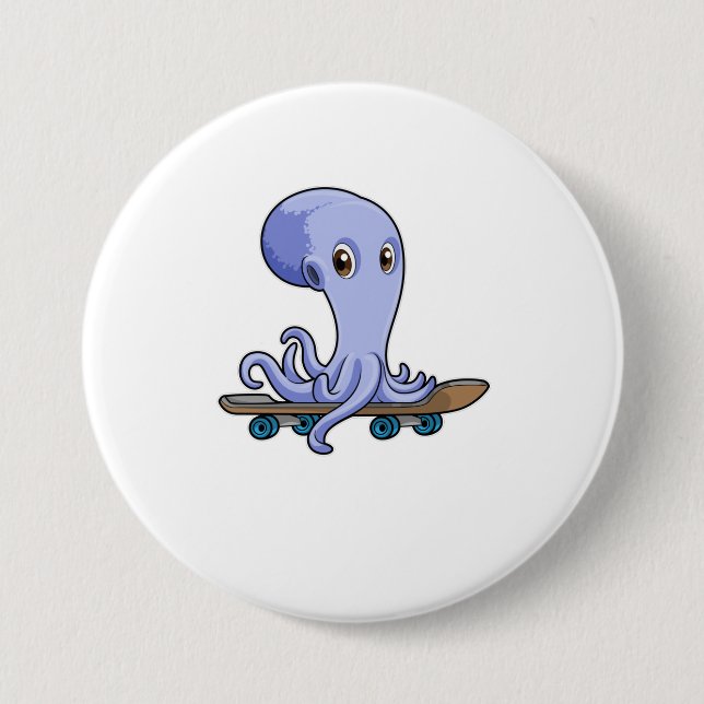 Badge Rond 7,6 Cm Octopus comme patineur avec skateboard (Devant)