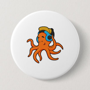 Badge Rond 7,6 Cm Octopus en musique avec casque