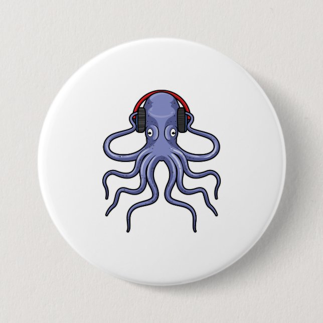 Badge Rond 7,6 Cm Octopus en musique avec casque (Devant)