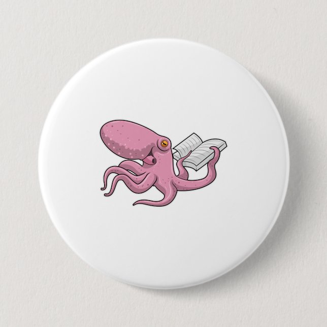 Badge Rond 7,6 Cm Octopus Nerd avec le livre (Devant)