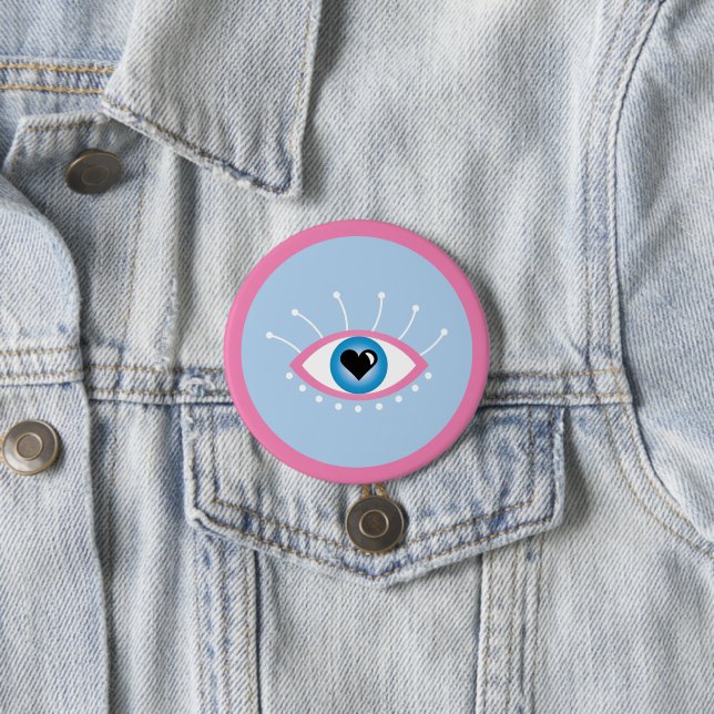 Badge Rond 7,6 Cm Oeil mal grec avec cils rose bleu (En situation)