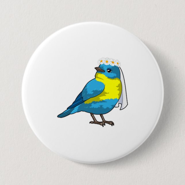 Badge Rond 7,6 Cm Oiseau comme mariée avec couronne de fleurs (Devant)