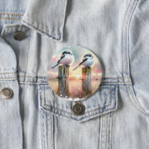 Badge Rond 7,6 Cm Oiseaux à l'aquarelle pastel sur une clôture au co