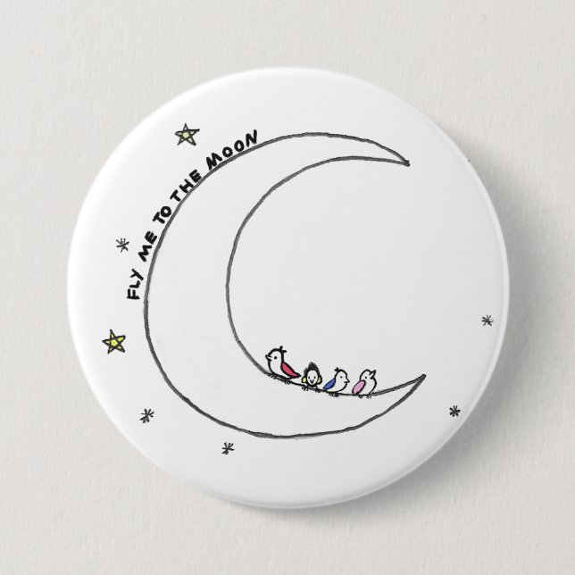 Badge Rond 7,6 Cm Oiseaux sur la goupille de lune (Devant)