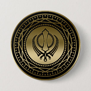 Badge Rond 7,6 Cm Or décoratif de symbole de Khanda sur le noir