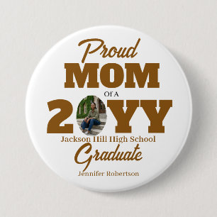 Badge Rond 7,6 Cm Or et Blanc Fière Maman Diplômée Rond