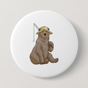 Badge Rond 7,6 Cm Ours à la pêche avec une baguette de pêche
