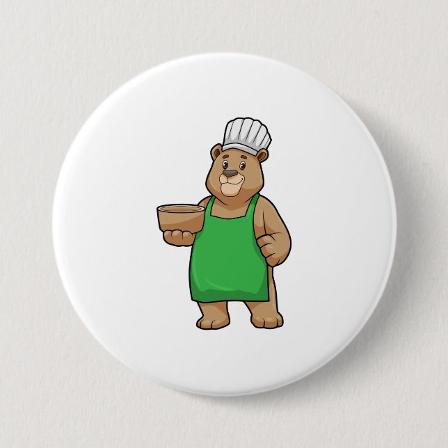 Badge Rond 7,6 Cm Ours comme cuire avec tablier de Cuisine et Bowl (Devant)