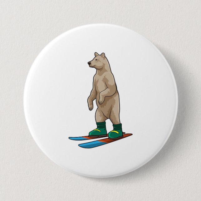 Badge Rond 7,6 Cm Ours comme skieur avec ski (Devant)