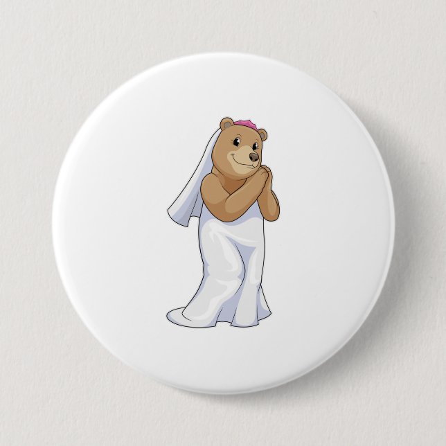 Badge Rond 7,6 Cm Ours en fiancée avec voile (Devant)