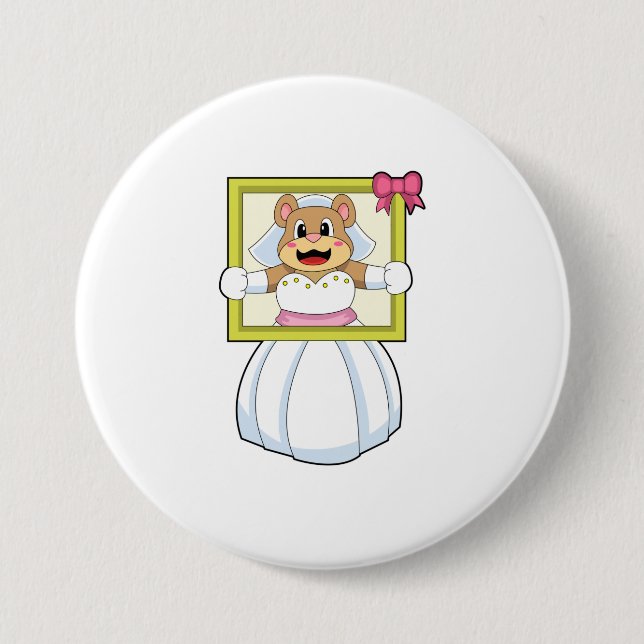 Badge Rond 7,6 Cm Ours en robe de mariée avec cadre photo. (Devant)
