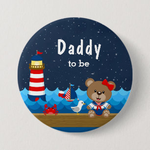 Badge Rond 7,6 Cm Ours Fille Nautique Rouge et Marine Papa à Venir