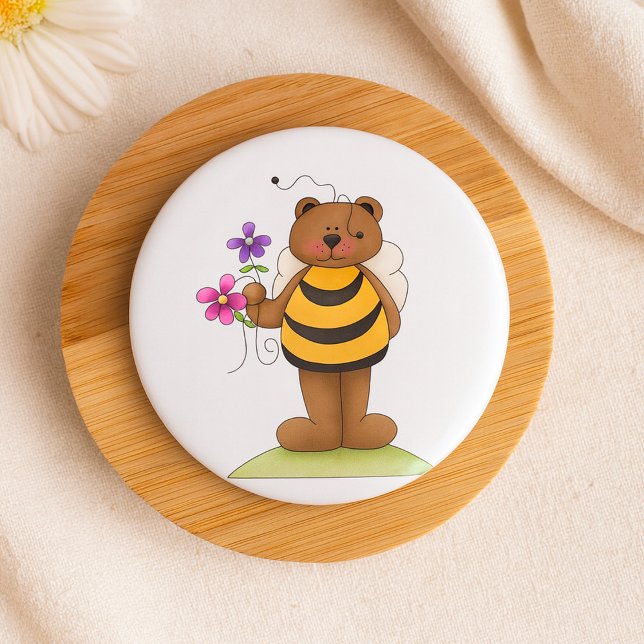 Badge Rond 7,6 Cm Ours habillé en Bumblebee avec Fleurs (Créateur téléchargé)