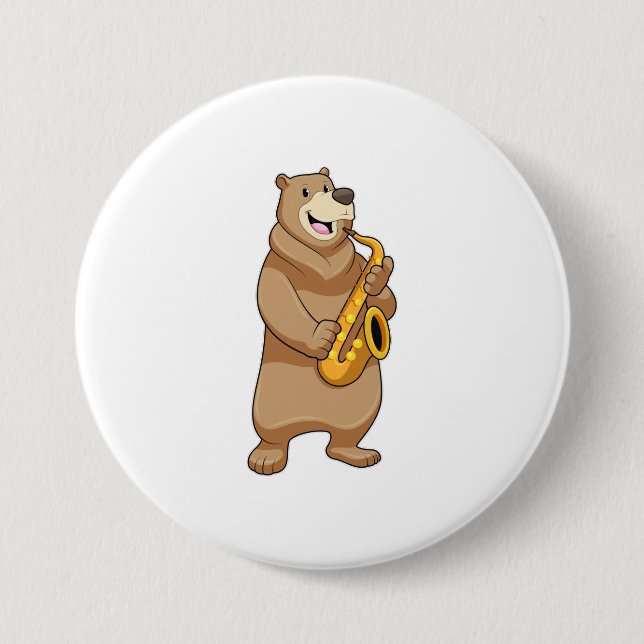 Badge Rond 7,6 Cm Ours musicien avec saxophone (Devant)