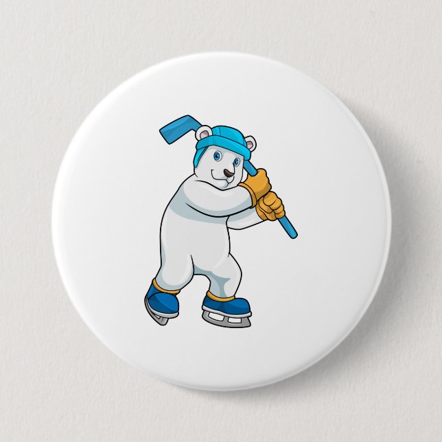 Badge Rond 7,6 Cm Ours polaire au hockey sur glace avec bâton (Devant)