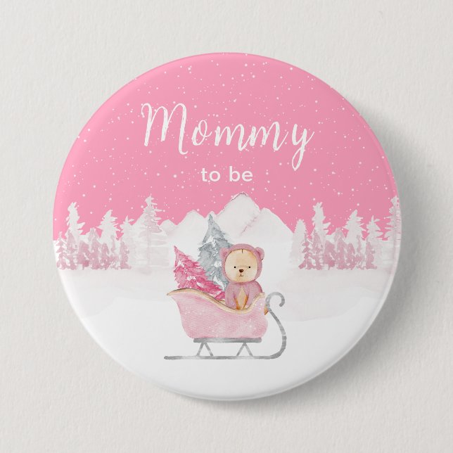 Badge Rond 7,6 Cm Ourse d'hiver Maman future rose Sleigh (Devant)
