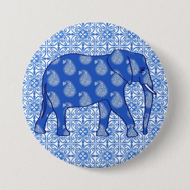 Badge Rond 7,6 Cm Paisley éléphant - bleu cobalt et blanc (Devant)