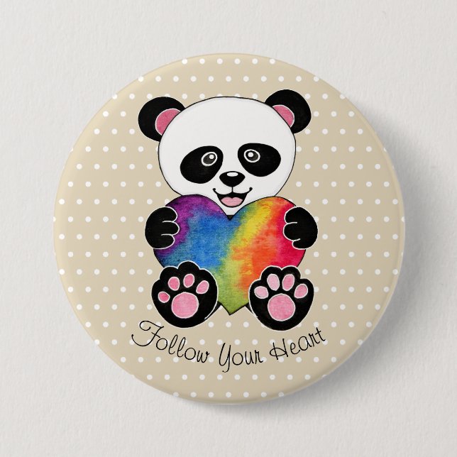 Badge Rond 7,6 Cm Panda Aquarelle Cute Avec Coeur Arc En Ciel (Devant)