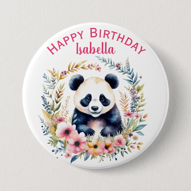 Badge Rond 7,6 Cm Panda Bear in Flowers Fille Anniversaire Personnal (Devant)