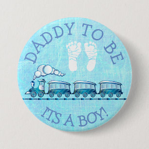 Badge Rond 7,6 Cm Papa à être, bouton bleu de baby shower de train
