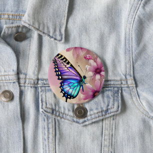Badge Rond 7,6 Cm Papillon bleu étonnant et fleurs roses
