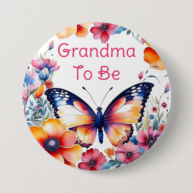 Badge Rond 7,6 Cm Papillon Fleurs Baby shower de la petite grand-mèr (Devant)