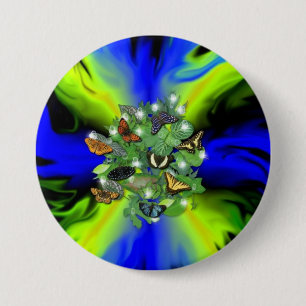 Badge Rond 7,6 Cm Papillon sur bleu vert arc-en-ciel avec étoiles, g