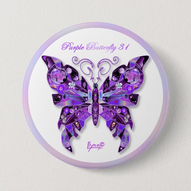 Badge Rond 7,6 Cm Papillon violet 31 Bouton (Devant)