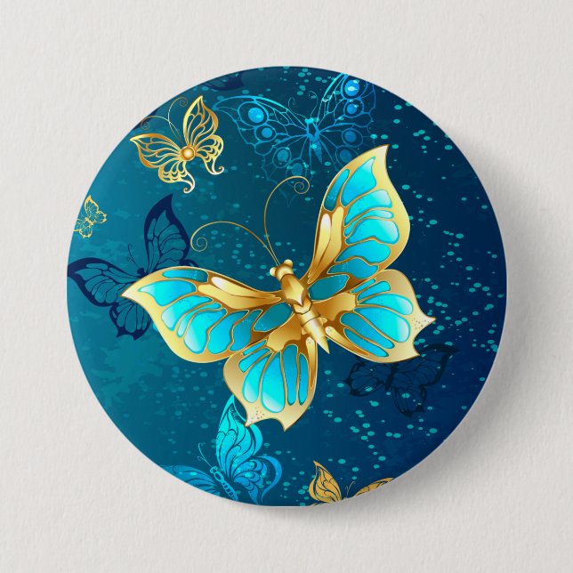 Badge Rond 7,6 Cm Papillons d'or sur un Arrière - plan bleu (Devant)