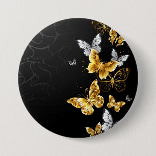 Badge Rond 7,6 Cm Papillons dorés et blancs