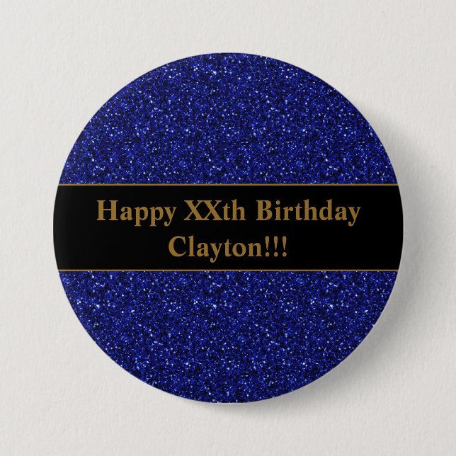 Badge Rond 7,6 Cm Parties scintillant Bleue Avec Message Anniversair (Devant)
