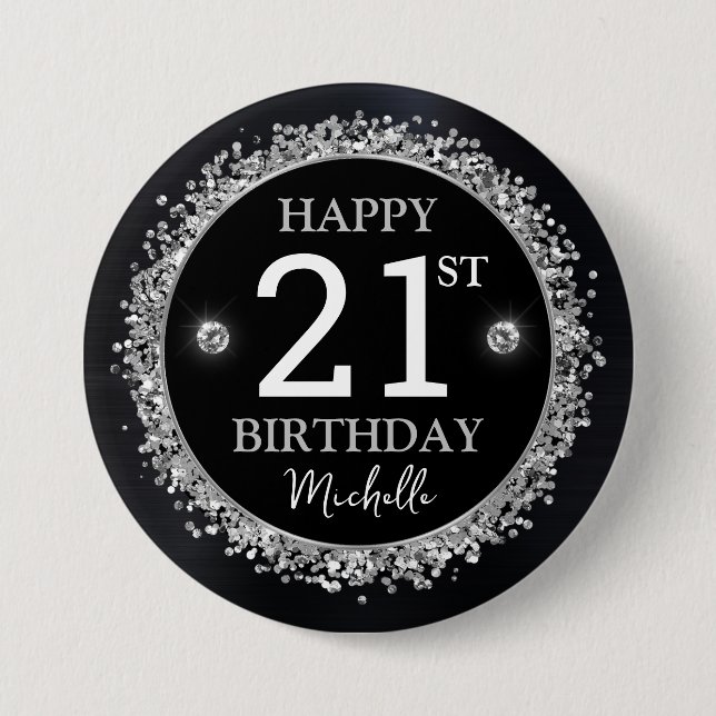 Badge Rond 7,6 Cm Parties scintillant Noir et Argent Confetti Annive (Devant)