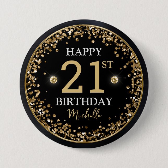 Badge Rond 7,6 Cm Parties scintillant Noir et Or Confetti Anniversai (Devant)