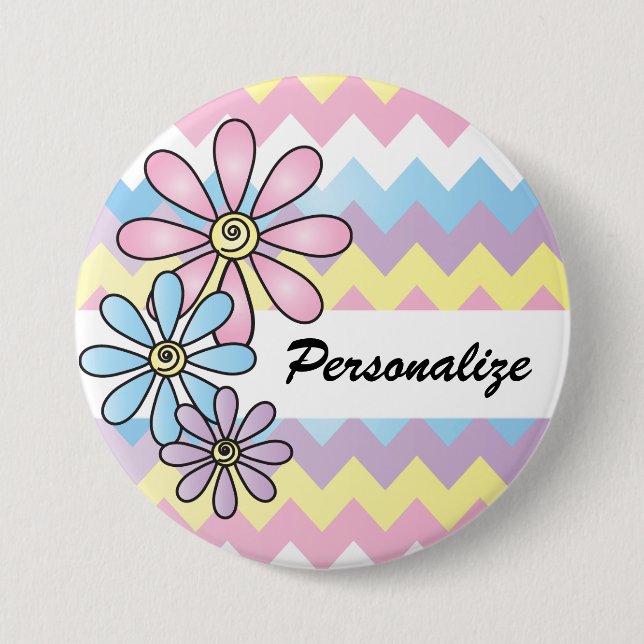 Badge Rond 7,6 Cm Pastel Chevron Floral | Nom do-it-yourself (Devant)