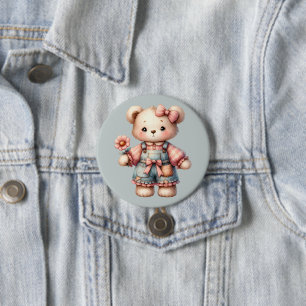 Badge Rond 7,6 Cm Pastel Teddy Bear Holding Flower Wear Overalls