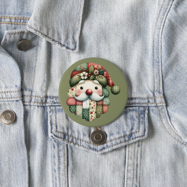 Badge Rond 7,6 Cm Patchwork Fantaisiste Santa Noël Folklorique (En situation)