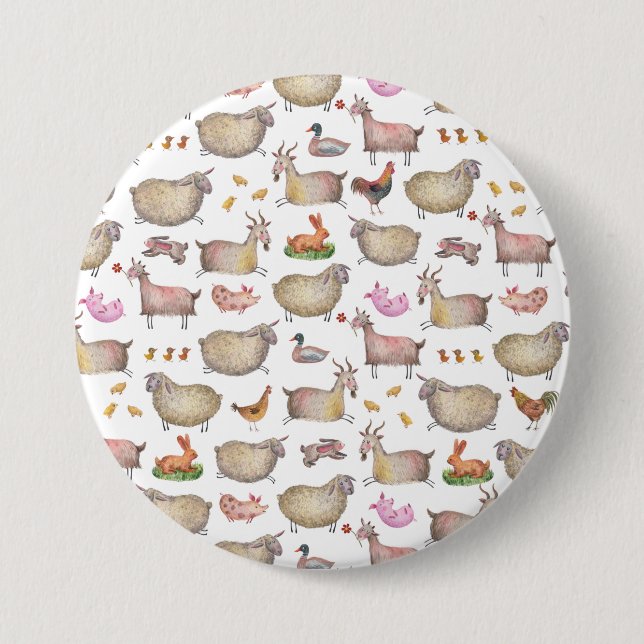 Badge Rond 7,6 Cm Patters de Cute Watercolor Farm Barn Animals (Devant)