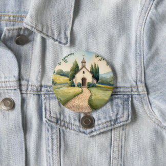 Badge Rond 7,6 Cm Paysage Pastel du Chemin de la Chapelle Cottagecor