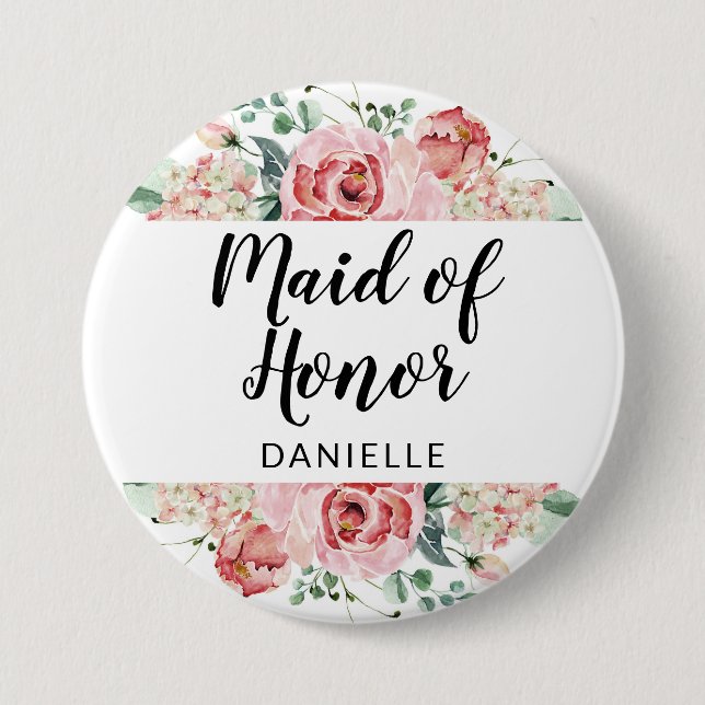 Badge Rond 7,6 Cm Peach Watercolor Floral Maid of Honor Monogrammé (Devant)