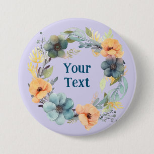 Badge Rond 7,6 Cm Pêche Whimsical et Fleur Bleue Wreath Lapin Charme