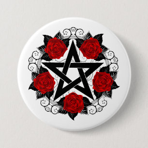 Badge Rond 7,6 Cm Pentagramme aux roses rouges