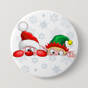 Badge Rond 7,6 Cm Père Noël et Elfe Mignon et drôle de dessin animé