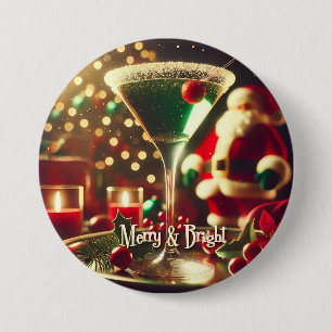 Badge Rond 7,6 Cm Père Noël Rétro 50's Martini Vert de Noël