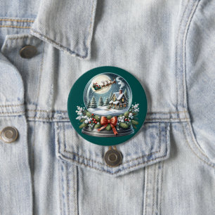 Badge Rond 7,6 Cm Père Noël Sleigh Ride in Snow Globe Wonderland