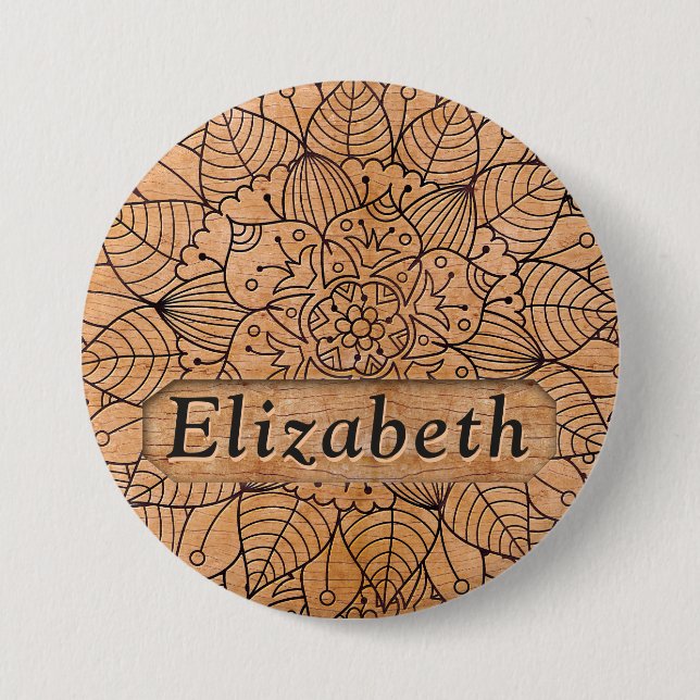 Badge Rond 7,6 Cm Personalized Carved Wood Floral Mandala (Devant)