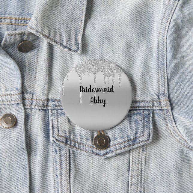 Badge Rond 7,6 Cm Personalized Dripping Glitter Silver Bridesmaid (En situation)