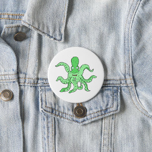 Badge Rond 7,6 Cm Personnage de Pieuvre Verte Monstre Marin Excentri