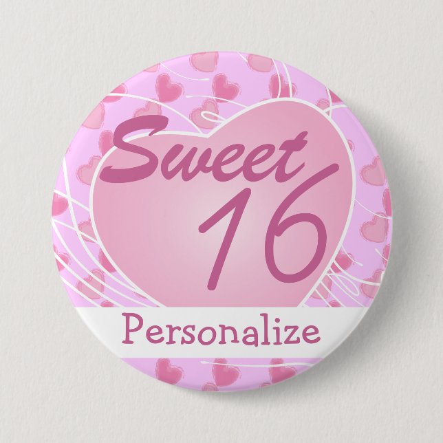 Badge Rond 7,6 Cm Personnaliser le Sweet sixteen Coeur rose Annivers (Devant)
